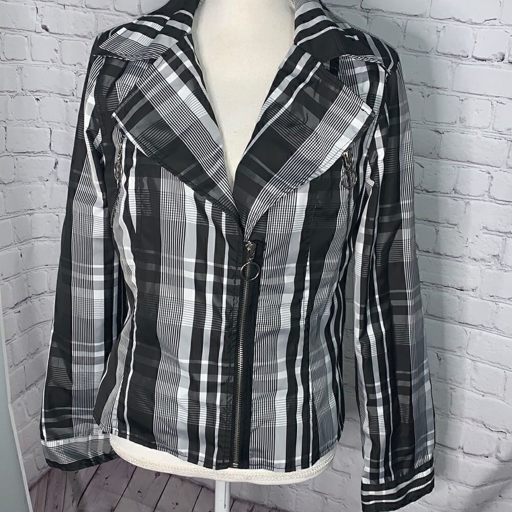 Black Rivet - Black and White Plaid Zipper Jacket - L